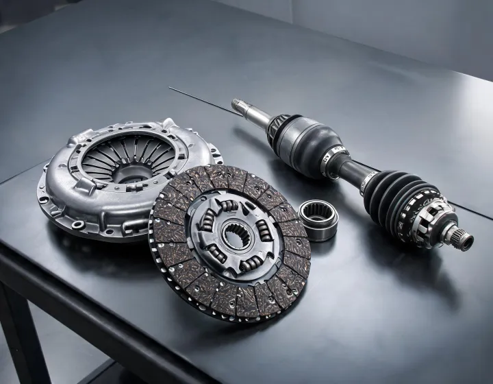 LuK clutch kit and CV axle components on a transmission workbench